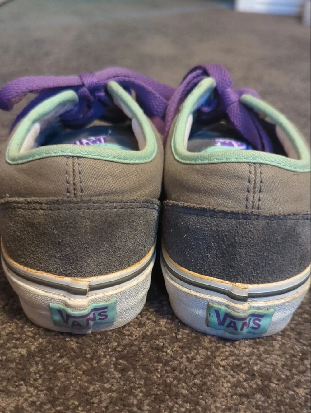 Vans Women's Gray Suede Sneakers with Purple Laces and Mint Trim